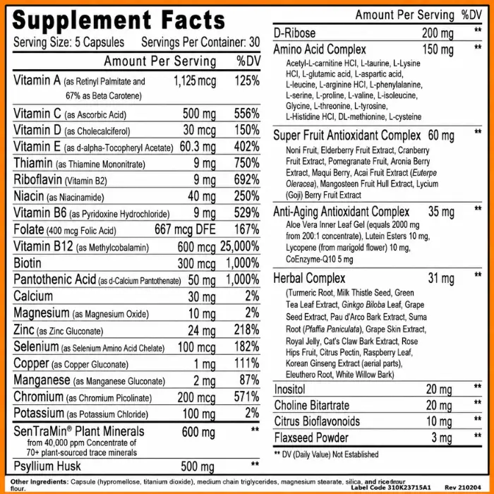 Immuno 150 Supplement facts label close-up