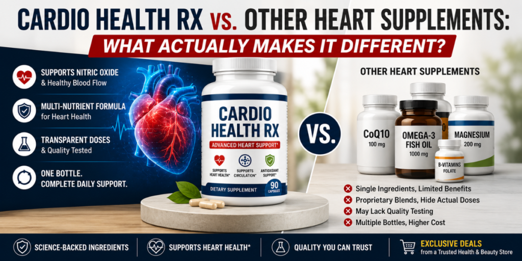 Promotional banner comparing Cardio Health RX to other heart supplements: central bottle labeled Cardio Health RX, left feature list, right assorted supplements, and bold 'VS.' in the middle.